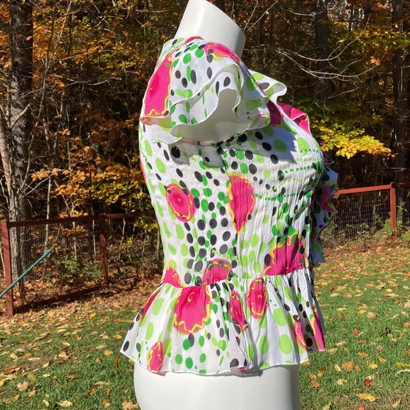 Dots and flowers flouncy ruffled V-front top size L - Picture 5 of 6